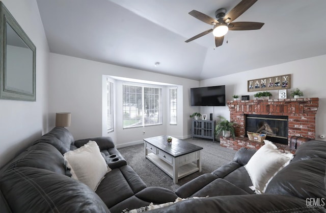 801 Crown Pointe Dr, Bakersfield, CA 93312 - carpeted living area with vaulted ceiling, a ceiling fan, baseboards, and a fireplace