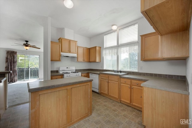11543 Jay Dr, Caliente, CA 93518 - kitchen featuring white appliances, under cabinet range hood, a sink, a center island, and a ceiling fan