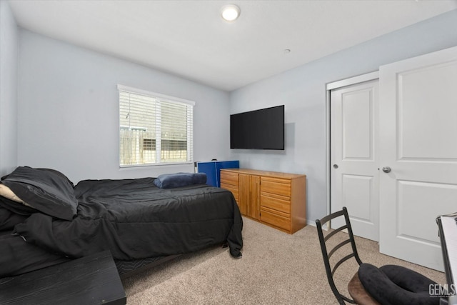 bedroom featuring light colored carpet and baseboards