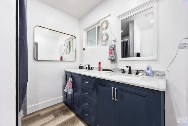 bathroom with hardwood / wood-style flooring and vanity