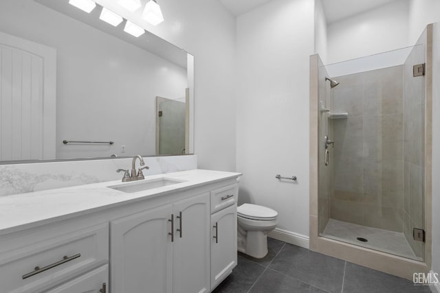 8708 Tamburlane Ct, Bakersfield, CA 93314 - bathroom with tile patterned floors, vanity, and a shower stall