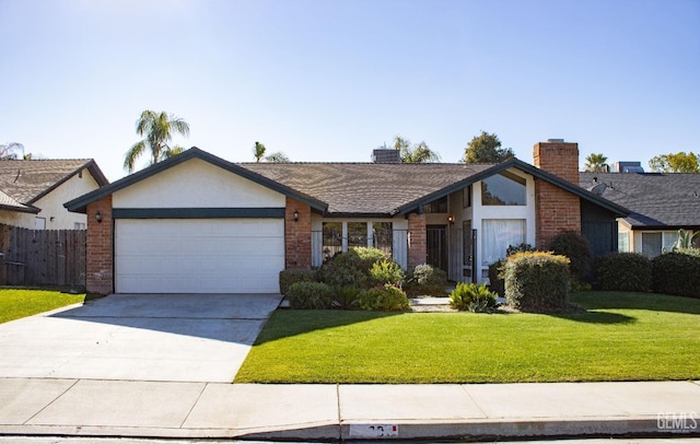 single story home featuring a front lawn and a garage