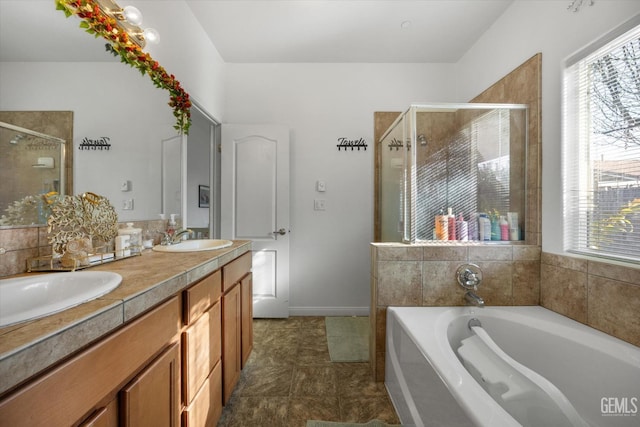 bathroom with vanity and plus walk in shower