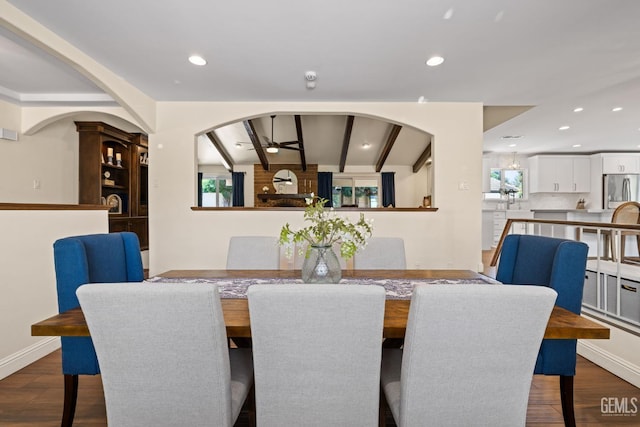 401 Via Carisma, Bakersfield, CA 93309 - dining space with a ceiling fan, beam ceiling, dark wood-type flooring, recessed lighting, and baseboards