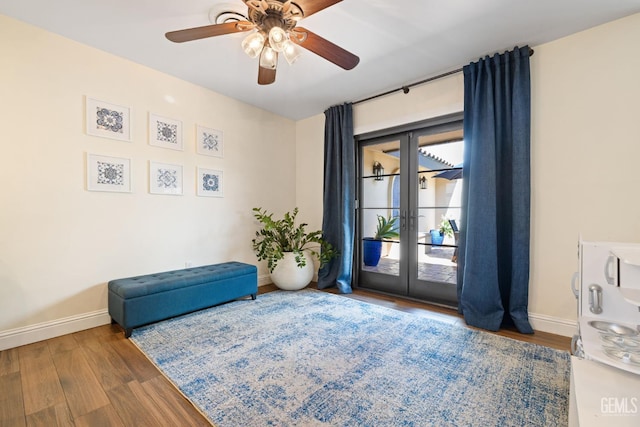 401 Via Carisma, Bakersfield, CA 93309 - sitting room with french doors, baseboards, wood finished floors, and ceiling fan