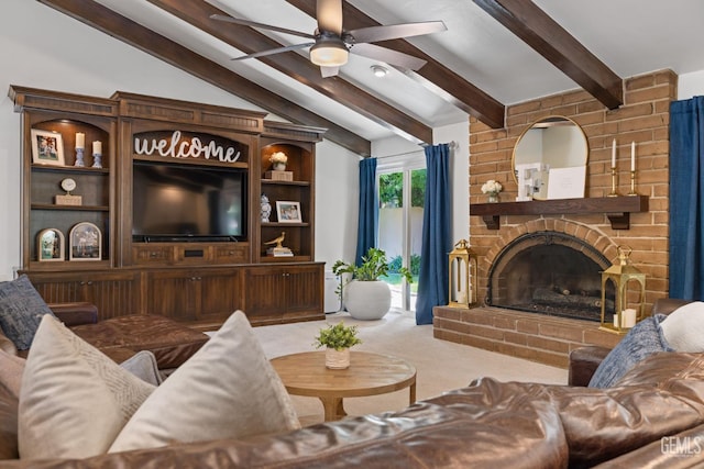 401 Via Carisma, Bakersfield, CA 93309 - carpeted living area featuring a ceiling fan and a fireplace