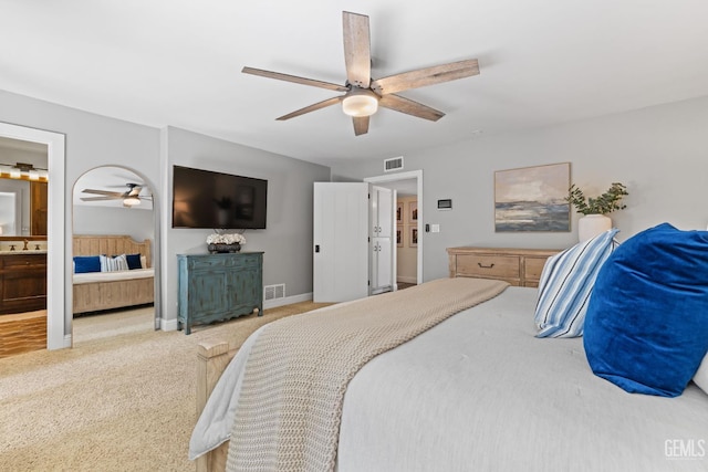 401 Via Carisma, Bakersfield, CA 93309 - bedroom featuring carpet floors, baseboards, ensuite bathroom, and a ceiling fan