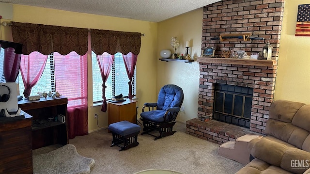 4017 Rio Del Norte St, Bakersfield, CA 93308 - living area with a fireplace, a textured ceiling, and carpet
