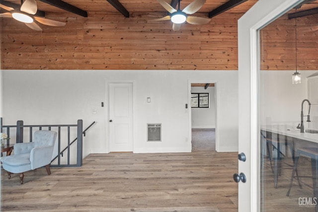24501 Pueblo Ct, Tehachapi, CA 93561 - sitting room with a ceiling fan, heating unit, wood finished floors, and a wooden ceiling with exposed beams