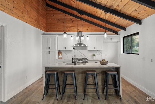 24501 Pueblo Ct, Tehachapi, CA 93561 - kitchen with wooden ceiling, white cabinetry, light countertops, and wood finished floors
