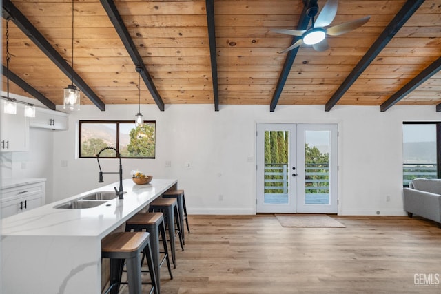 24501 Pueblo Ct, Tehachapi, CA 93561 - kitchen featuring wood ceiling, plenty of natural light, white cabinetry, and light wood-type flooring