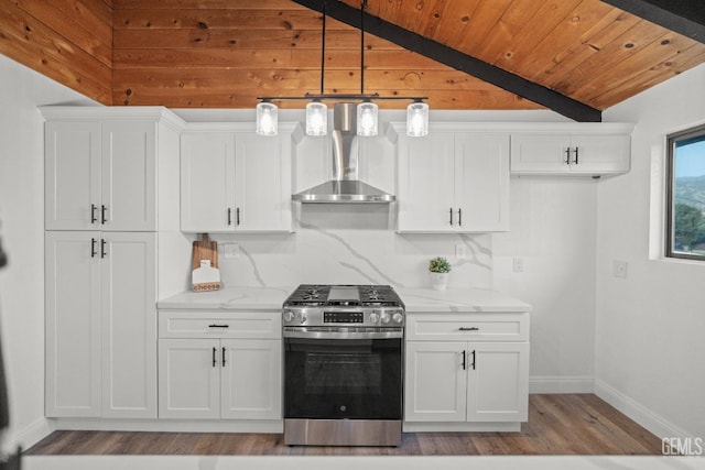 24501 Pueblo Ct, Tehachapi, CA 93561 - kitchen with stainless steel gas range oven, light wood-style flooring, white cabinetry, light stone countertops, and wooden ceiling