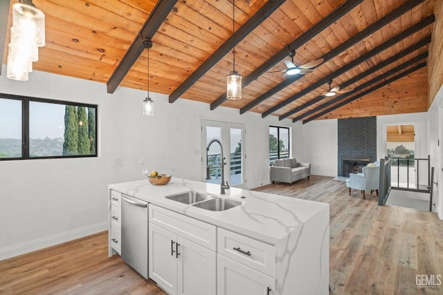 24501 Pueblo Ct, Tehachapi, CA 93561 - kitchen featuring wooden ceiling, stainless steel dishwasher, french doors, light wood-style flooring, and pendant lighting