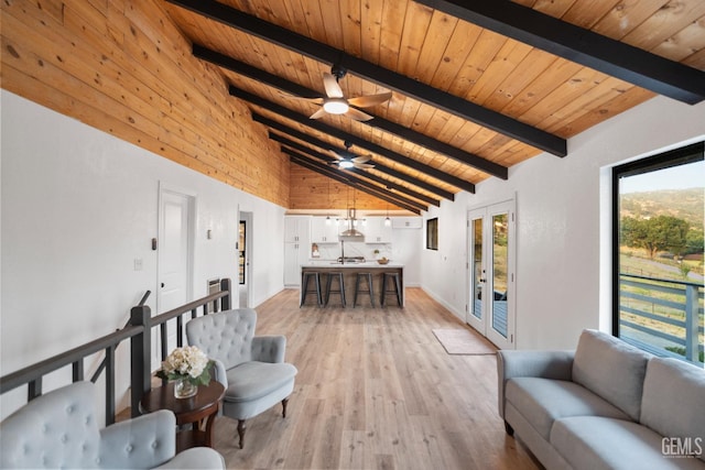 24501 Pueblo Ct, Tehachapi, CA 93561 - living room featuring french doors, a wood ceiling with exposed beams, light wood-type flooring, high vaulted ceiling, and a ceiling fan