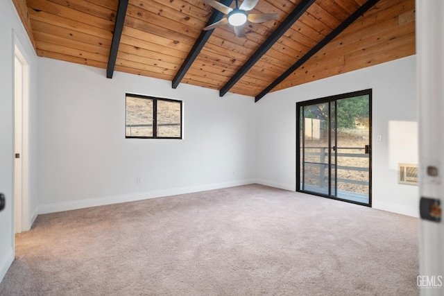 24501 Pueblo Ct, Tehachapi, CA 93561 - empty room with a wood ceiling with exposed beams, carpet flooring, a ceiling fan, and high vaulted ceiling