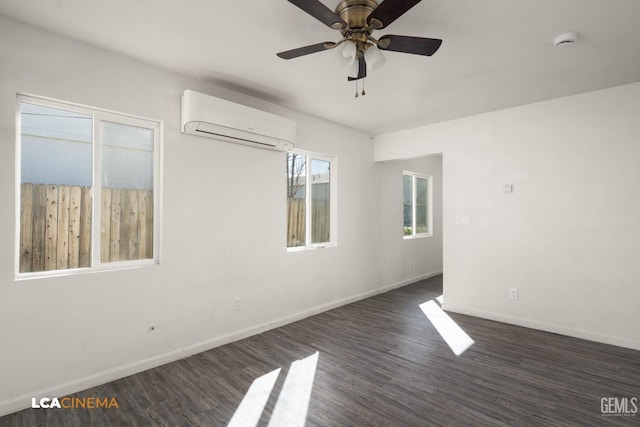 unfurnished room featuring ceiling fan, dark hardwood / wood-style floors, and a wall mounted AC