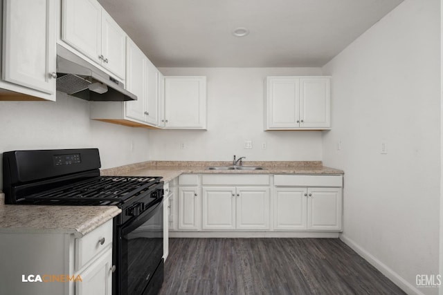 kitchen with sink, white cabinets, dark hardwood / wood-style floors, and black range with gas cooktop