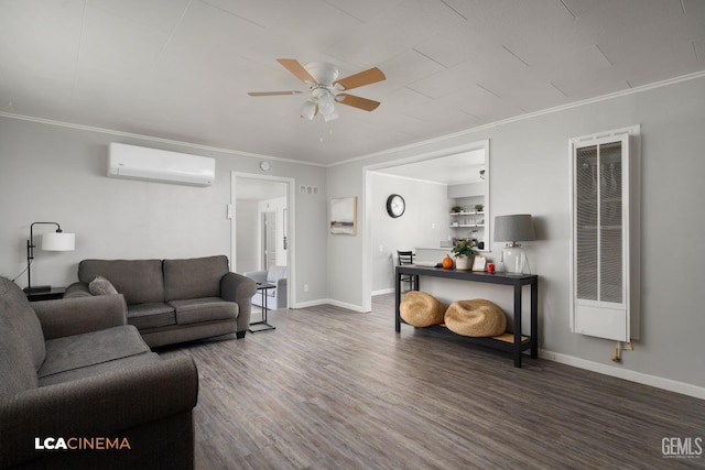 living room with crown molding, dark wood-type flooring, an AC wall unit, and ceiling fan