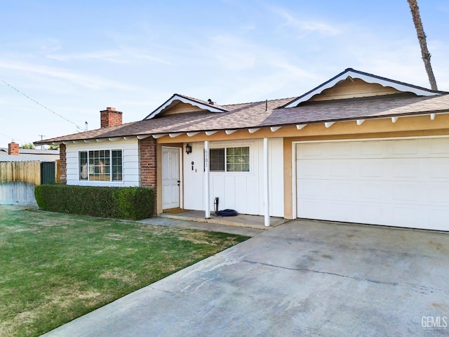 6101 Crestmore St, Bakersfield, CA 93308 - single story home with a chimney, roof with shingles, board and batten siding, concrete driveway, and a garage