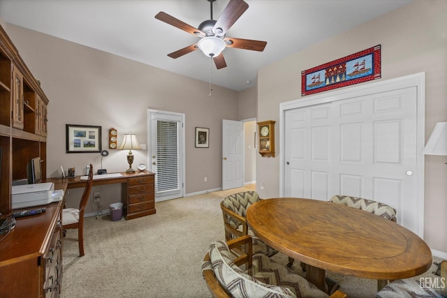 9005 Via Lugano, Bakersfield, CA 93312 - dining area featuring an office area, ceiling fan, light carpet, and baseboards
