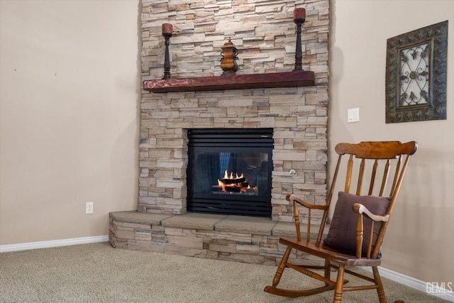 9005 Via Lugano, Bakersfield, CA 93312 - living area with carpet, a stone fireplace, and baseboards