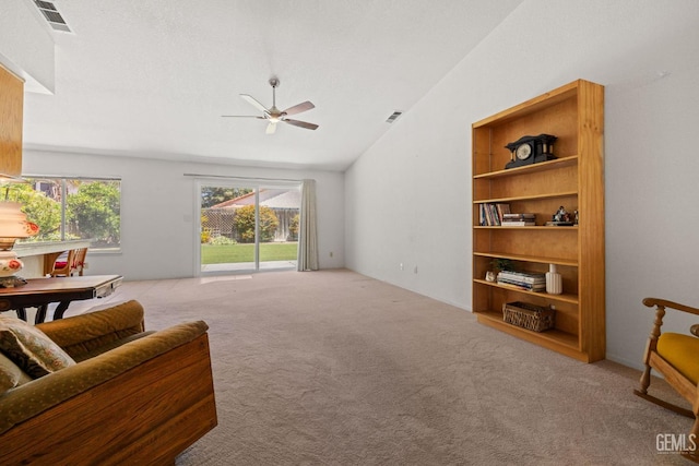 10400 Walnut Creek Ct, Bakersfield, CA 93311 - living area featuring lofted ceiling, ceiling fan, and carpet floors