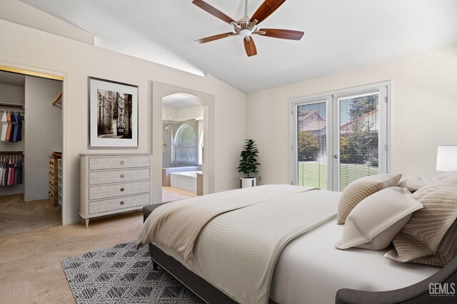 10400 Walnut Creek Ct, Bakersfield, CA 93311 - bedroom featuring light carpet, lofted ceiling, access to exterior, multiple windows, and connected bathroom
