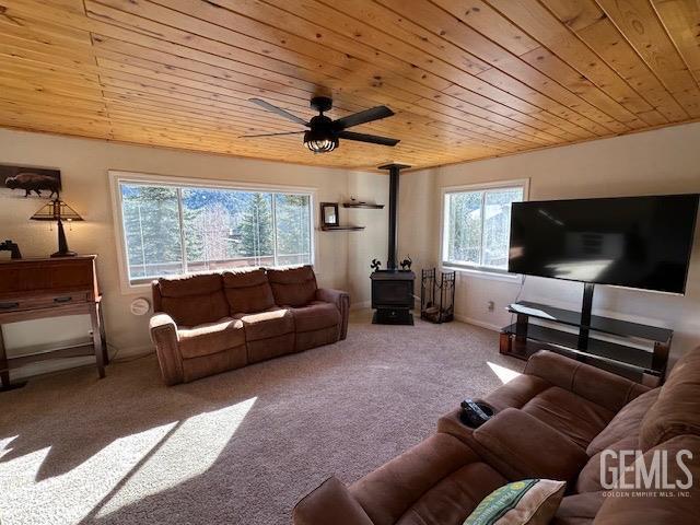 carpeted living room with a healthy amount of sunlight, a wood stove, ceiling fan, and wooden ceiling