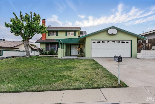 3112 Ridgedale St, Bakersfield, CA 93306 - view of front facade with a chimney, stucco siding, a front lawn, concrete driveway, and an attached garage
