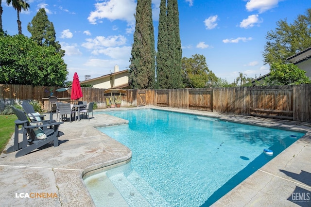 view of pool featuring outdoor dining space, a patio, a fenced backyard, and a fenced in pool