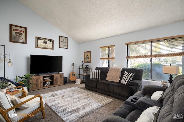 living room featuring lofted ceiling, carpet floors, and a textured ceiling