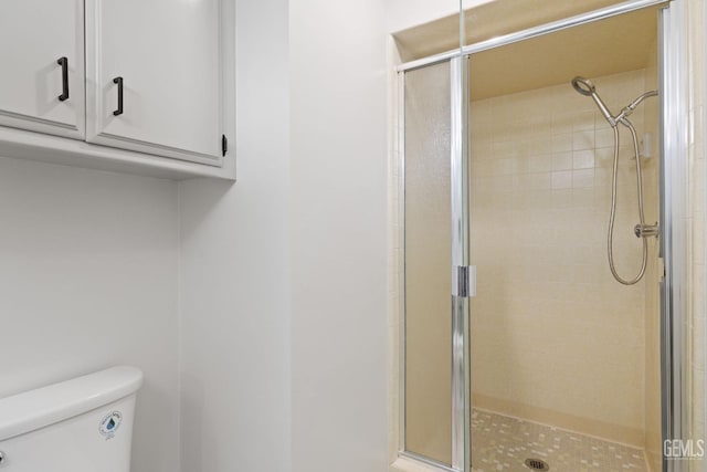 bathroom with a shower stall and toilet