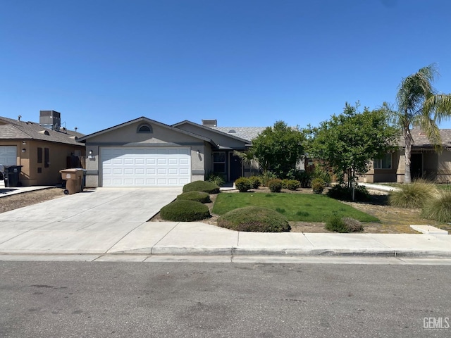 ranch-style home featuring stucco siding, central AC unit, a front lawn, concrete driveway, and an attached garage