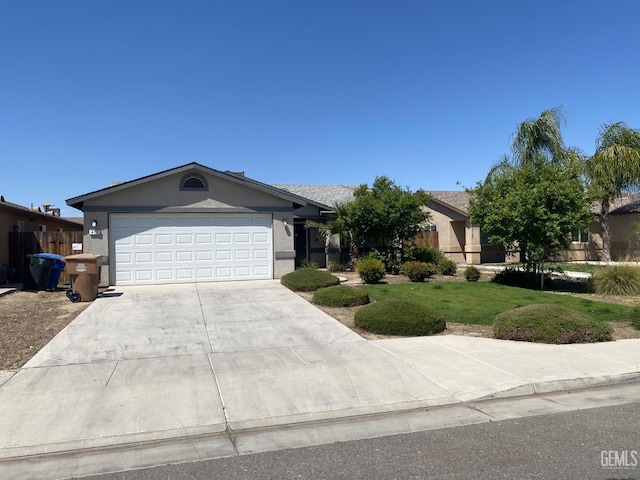 ranch-style home featuring stucco siding, a front lawn, driveway, and an attached garage