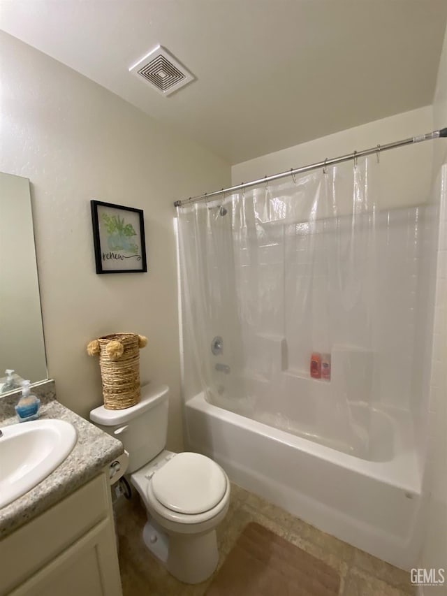 full bath with toilet, shower / bath combination with curtain, visible vents, and vanity