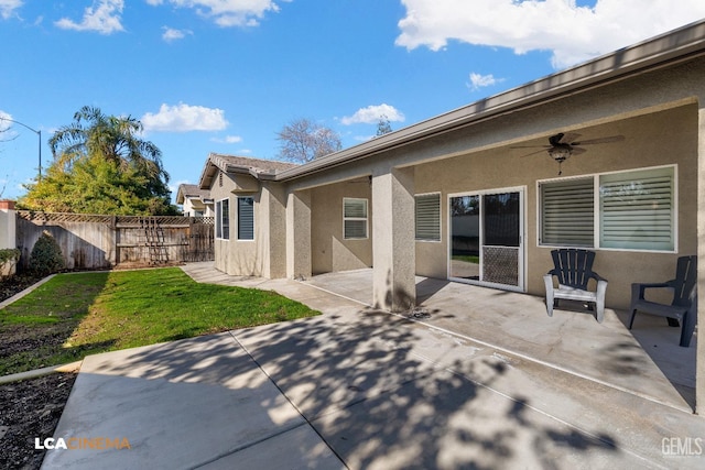 back of property with a yard, a patio, and ceiling fan