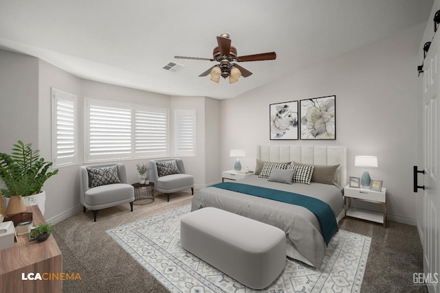 carpeted bedroom featuring lofted ceiling, a barn door, and ceiling fan