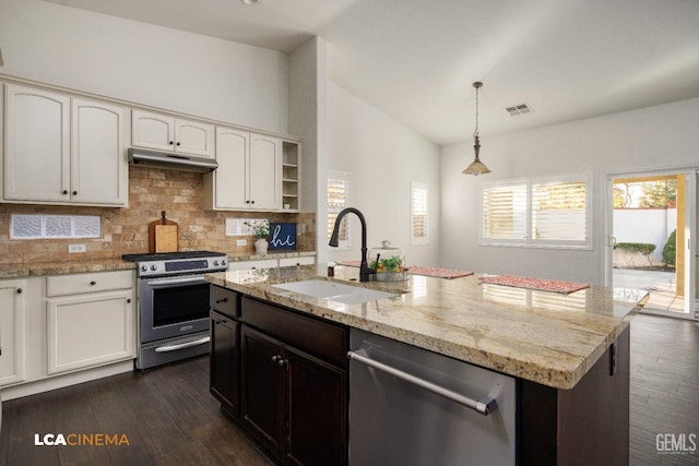 kitchen with sink, white cabinetry, a center island with sink, appliances with stainless steel finishes, and pendant lighting