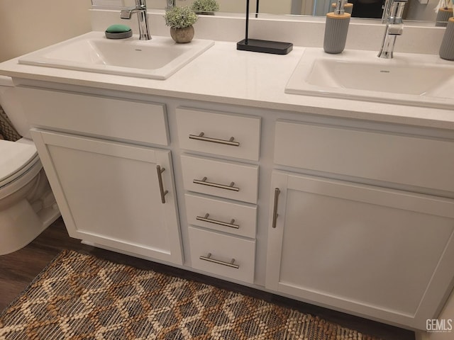 bathroom with vanity, wood-type flooring, and toilet