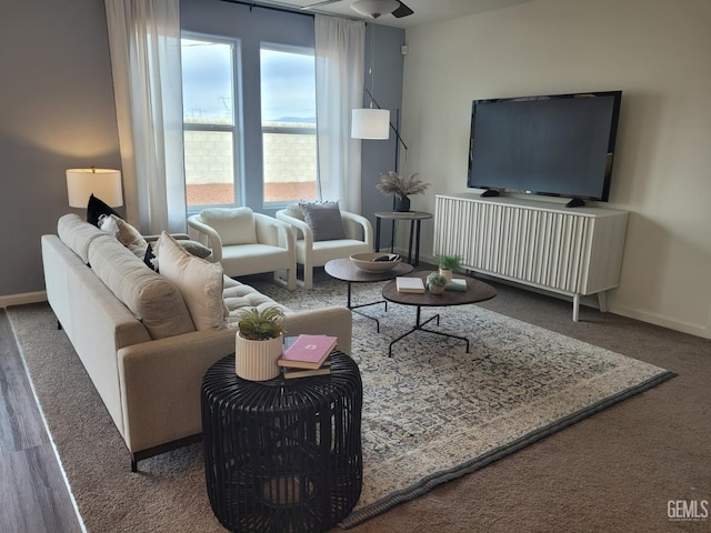 living room featuring dark colored carpet