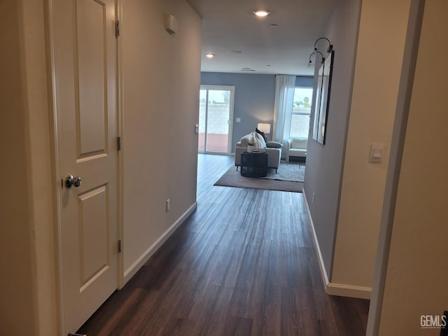 corridor featuring dark wood-type flooring