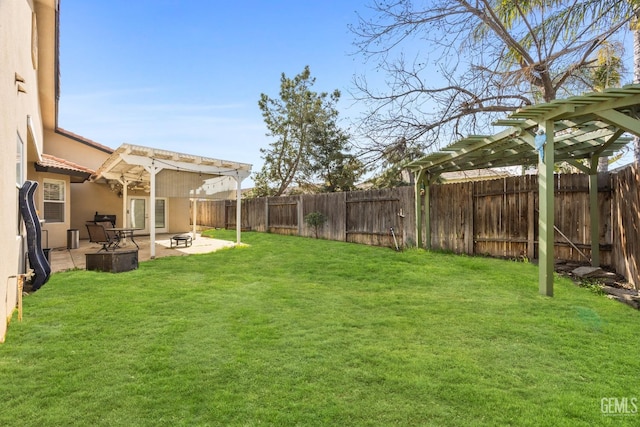 11011 Southwales Ct, Bakersfield, CA 93312 - view of yard featuring a fenced backyard, a pergola, and a patio area