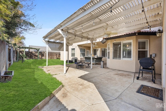 11011 Southwales Ct, Bakersfield, CA 93312 - view of patio / terrace with a ceiling fan, a fenced backyard, and a pergola
