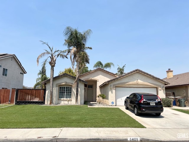 ranch-style house featuring stucco siding, a front yard, fence, a garage, and driveway