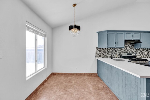 5403 Cascade Ridge St, Bakersfield, CA 93307 - unfurnished dining area featuring a chandelier, lofted ceiling, and light tile patterned floors