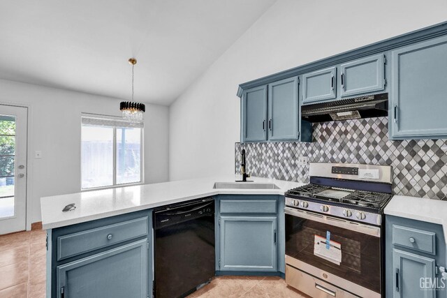 5403 Cascade Ridge St, Bakersfield, CA 93307 - kitchen with dishwasher, stainless steel range with gas stovetop, under cabinet range hood, a peninsula, and decorative backsplash