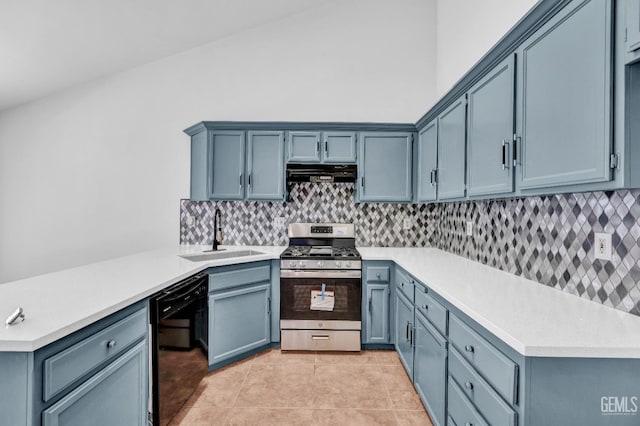 5403 Cascade Ridge St, Bakersfield, CA 93307 - kitchen featuring stainless steel range with gas stovetop, dishwasher, a peninsula, ventilation hood, and light countertops