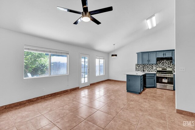 5403 Cascade Ridge St, Bakersfield, CA 93307 - kitchen featuring stainless steel range with gas cooktop, lofted ceiling, a ceiling fan, blue cabinets, and light countertops