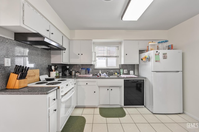 3700 Wenatchee Ave, Bakersfield, CA 93306 - kitchen featuring under cabinet range hood, white appliances, a sink, white cabinetry, and dark countertops