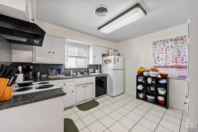 3700 Wenatchee Ave, Bakersfield, CA 93306 - kitchen featuring extractor fan, black dishwasher, freestanding refrigerator, visible vents, and dark countertops